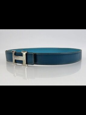 Hermes Teal and Turquoise Reversible Unisex Leather Belt with H Buckle